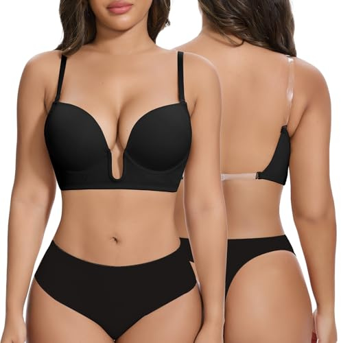 Joyshaper Damen Push Up BH Rückenausschnitt Tiefer Ausschnitt Büstenhalter mit Bügel Wandelbare Gepolsterte Bralette, Schwarz, XXL