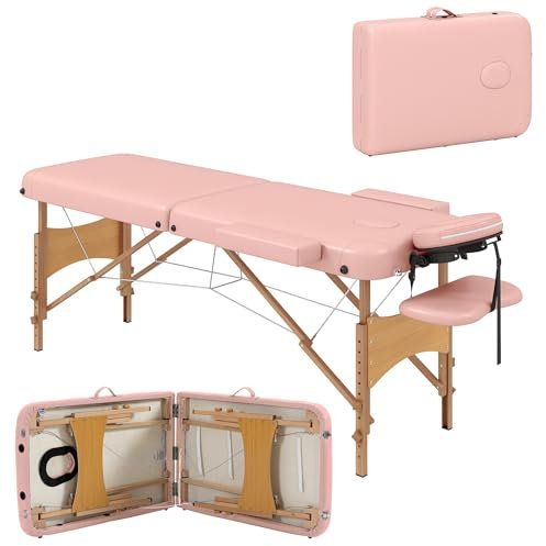 HOMCOM Camilla de Masaje Plegable 210x81 cm Camilla Estética Profesional con Reposacabezas Extraíble 2 Zonas Asa y Marco de Madera con Altura Regulable y Bolsa de Transporte Rosa
