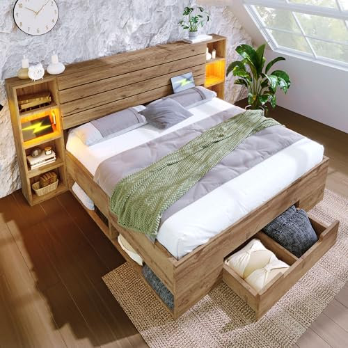 KEYIDE Lit double en bois massif 160 x 200 cm, avec éclairage LED, tête de lit et tiroirs, sommier à lattes en bois, sans matelas (chêne, 160 x 200)