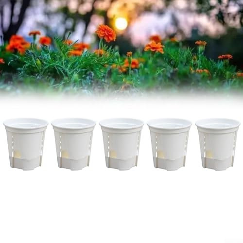 Oceanlend Lot de 5 pots de fleurs en plastique avec base, pour intérieur et extérieur avec fonction de drainage, convient pour orchidée, lys de la paix, plante araignée (120 mm, blanc)