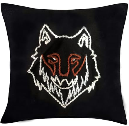 LEONARDO CARBONE® Unisex Kissenbezug Geri 40 x 40 cm | Handgestickter Wolf | Reißverschluss | Karneval, Halloween, Cosplay, LARP, Dekoration, Wikinger, Mittelalter | 100% Baumwolle Schwarz
