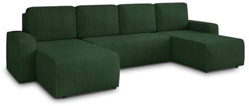 Wohnlandschaft mit Schlaffunktion Roma - U-Form Couch, Schlafsofa mit Bettkasten, Couchgranitur mit Bettfunktion, Big Sofa, Cord Stoff (Grün (Poso 014))