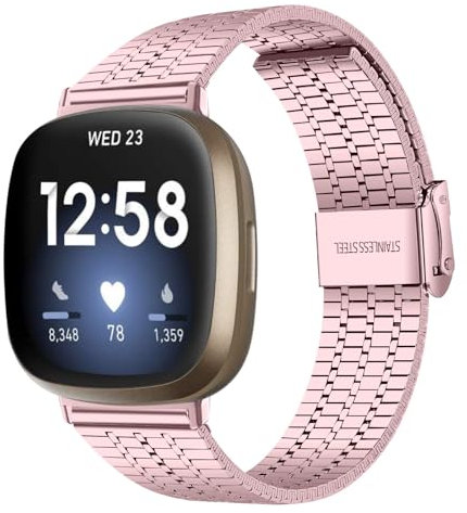 FiiMoo für Fitbit Versa 4/Versa 3/Sense 2/Sense Ersatzarmband, Glattes Edelstahl Metall Ersatz Armbänder, Edelstahlschnalle, [Verstellbare], Schnellverschluss Uhrenarmband für Herren & Damen-Rosa