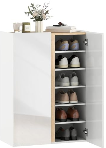 HOMCOM Schuhschrank mit 2 Hochglanz Türen 18 Paar 70x33,5x95 cm, Weiß