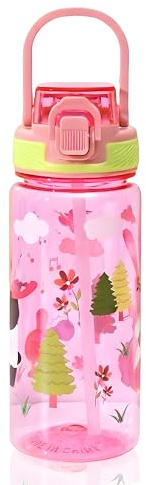 InteDesign Kids Water Bottles with Straw, 600ML Kids Water Bottles, Leakproof Kid Drinks Bottle with Handle, Childrens Sports Drinks Bottle, Personalised Cup for Boys Girls, School (pink)