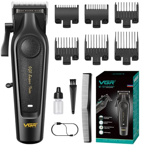 VGR 197 Maquina de Cortar Pelo Hombre Profesional con Palanca Ajustable | Clipper Maquina Pelo con Cuchillas de Cerámica, Cortapelos Profesional Inalámbrico con 6 Peines Guía, Carga USB y Luz LED