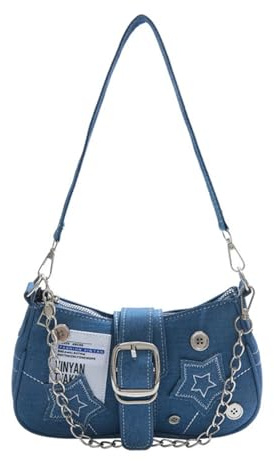 Star Embroidery Denim Shoulder Bag with Chain Sweet Cool Jeans Bag Large Capacity Cowboy Achsel Bag Travel Date Work Handbag, blau, 9.06x5.12x2.76inch