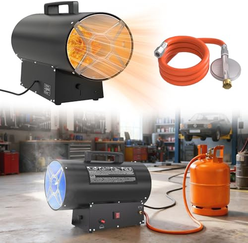 UISEBRT Heizgeräte Gas, 30 KW Gasheizer Gasheizgebläse Thermostat, Heißluftgenerator,Schwarz (220V-240V, Propan/Butan-Flaschen, mit Druckminderventil und Gasschlauch)