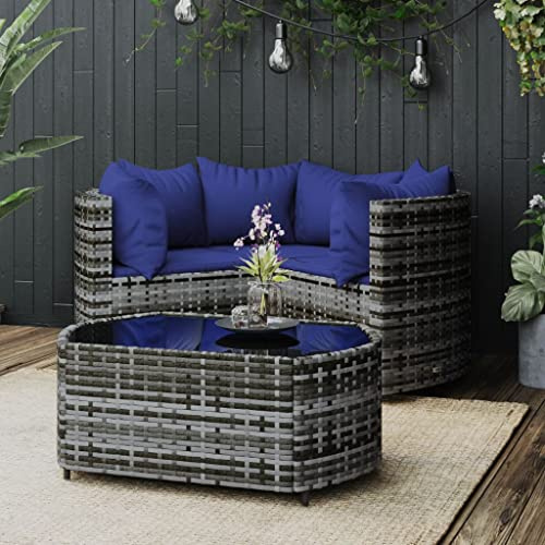 Hoopleep Salon de jardin 4 pièces en polyrotin gris résistant aux intempéries extensible avec coussins, cadre en acier revêtu par pulvérisation, plateau de table en verre trempé