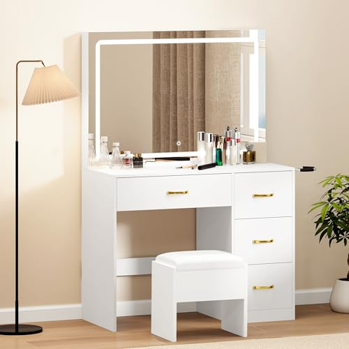 DWVO Vanity Table and Stool Set with LED Mirror, Makeup Desk with Adjustable 3-Colour Lighting, 4-Drawer Storage, Hair Dryer Rack & Built-in Plug Socket, Dressing Table for Bedroom, White