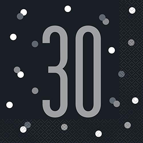 Papierservietten - Zahl 30 - 16,5 cm - Glitzer Schwarz & Silber Geburtstag - 16er-Packung