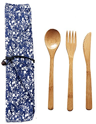 XUPHINX Bambou Couverts, Couverts Voyage Set, Eco-Friendly COUTELLERIE Couteau, Fourchette et cuillère, Couverts en Bois Set, Camping Couverts avec Pouch