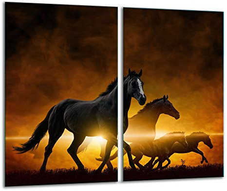 QTA | Herdabdeckplatten 2x30x52 cm Ceranfeld 2-Teilig Universal Elektroherd Induktion für Kochplatten Herdschutz Deko Schneidebrett Sicherheitsglas Spritzschutz Glas Pferde
