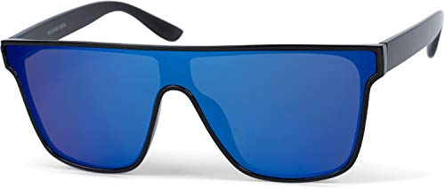 styleBREAKER Unisex Shield Monoglas Sonnenbrille, Polycarbonat Glas und Kunststoff Rahmen, Retro Nerd Style 09020108, Farbe:Gestell Schwarz/Glas Blau verspiegelt