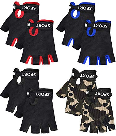 SATINIOR 4-Pairs Kids Bike Gloves, Fingerless Gloves for Boys, Non-Slip Cycling Glove with Adjustable Strap, Breathable Half-Finger Zip Line Glove, for Biking Season(4-7 Years, Classic Style)