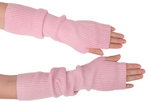 F Flammi Armwärmer aus Kaschmir-Mischgewebe für den Winter, fingerlose Handschuhe, Strickhandschuhe, Handgelenkwärmer mit Daumenloch für Damen, Pink (42cm), Medium