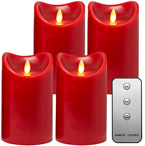 Tronje LED Echtwachskerzen 4er Set mit Timer u. Fernbedienung 15cm Kerzen mit beweglicher Flamme 1000 Std. Brenndauer (4er Set in Rot)…