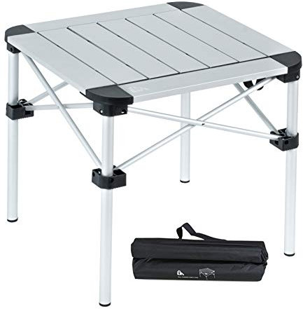 iClimb Mesa cuadrada plegable de aluminio ligero y estable con bolsa de transporte para camping, picnic, patio, barbacoa, campamento, cocina (plata, S)