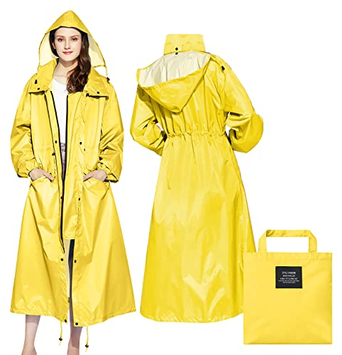 LAMA Womens Long Raincoats with Hood, Waterproof Reusable Packable Rain Coat with Long Sleeves for Adults Womens Ladies, Rain Coat for Bike Moto Riding Hiking Trekking Yellow