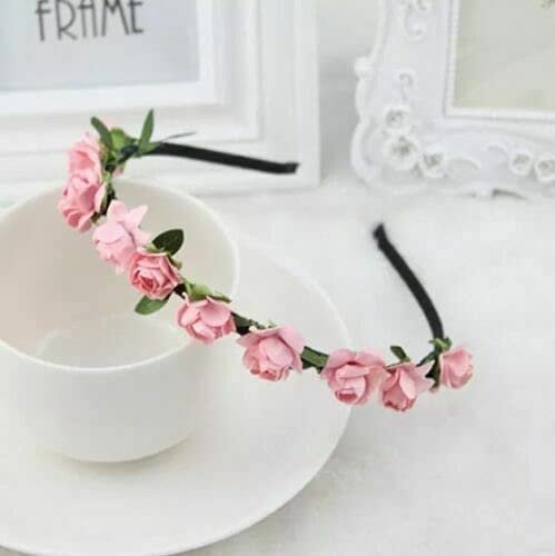 Vision4ever Light Pink Color Rose Flower Head Boho Garlan Girl Beach Crown Elastic Hair Band Headband Wedding With Attractive Looks