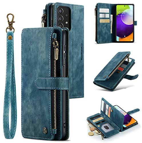 UEEBAI Handyhülle für Samsung Galaxy A52 4G/5G, Retro Reißverschluss Hülle Premium PU Leder Weich TPU Klapphülle Magnetverschluss Kartenfach Standfunktion Geldbörse Schutzhülle, Blau