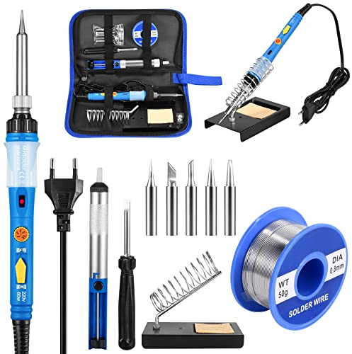 MHSolder Lötkolben 60W Profi Lötkolben Set mit Einstellbarer Temperatur Schalter 200-450℃ 50g Lötdraht 5 Lötspitzen Entlötpumpe Lötkolbenständer Lötset für Elektrische Arbeiten.