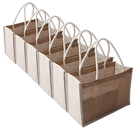 Jute-Tragetasche, MEIANJU Natürliche Jute-Tragetaschen mit Griffen & laminierter Innenseite, Geschenktüten für Hochzeit, Blanko-Jutebeutel für Stickerei DIY Kunst Handwerk Druck Dekoration, 6 Stück