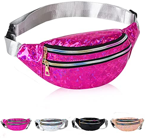 Sac de Taille Holographique, Sacs de Bananes à la Mode Sac de Ceinture Brillant pour Les Dames Ceinture Imperméable Sacs pour Femmes Randonnée Wasit Packs pour Voyage, Jogging (Rose Fluo)
