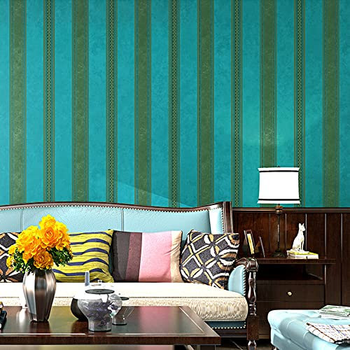 BaierSai 10X0.53M Vintage Blue American Country Stripes Textured Pure Paper Wallpaper Roll for Bedroom Livingroom 1.73' W x 32.8' L=5.3㎡ (57sq.ft)