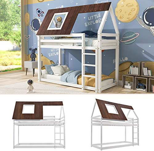 Etagenbett Hausbett,Jugendbett 90X200,Mit Rechtwinkliger Leiter,Kinderbett Mit Rausfallschutz,Rahmen Aus Kiefernholz,Braunes Dach,WeißEs Bett,Vielseitiges Holz Kinderbett FüR Jungen & MäDchen