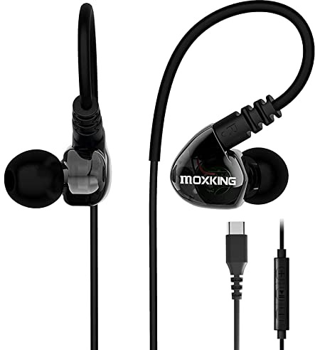 MOXKING Running Sports Earbud Headphones Wired Over Ear In Ear Headsets Noise Isolation Waterproof Earbuds Enhanced Bass Stereo Earphones with Microphone and Remote for Running (Black-Typ C)