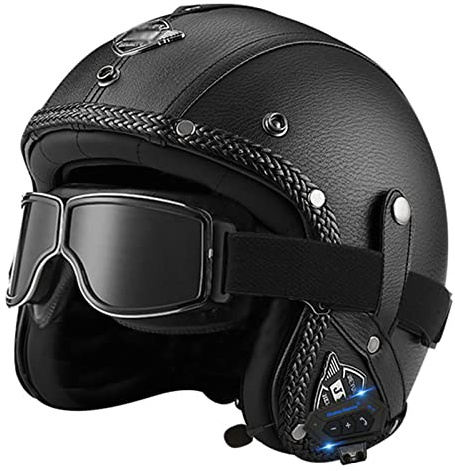 Vintage Cuir Bluetooth Casque De Moto Jet,Adulte Demi Casque ECE Homologué Vintage Casques Moto Bols pour Homme Et Femme avec Lunettes Face Ouverte Casque Mobylette
