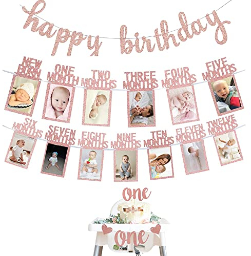 16 Stück fotogirlande 1. geburtstag baby Geburtstag Girlande Banner, Dekorationen zum Rosegold Hängende Wanddekoration für Baby Dusche,Taufe,Party Dekor, Geburtstag eines 1 jährigen Mädchens