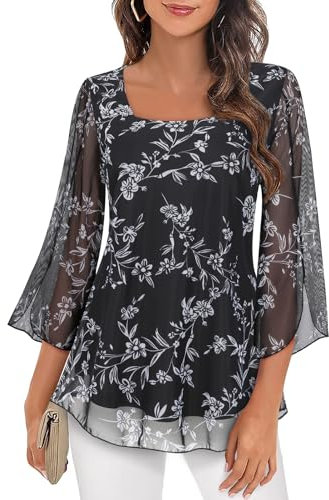 Womens Blouses Ruffle 3/4 Sleeve Tunic Tops Loose Flowy Square Neck Chiffon Top Double Layers Mesh Shirts Floral Black