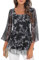 Womens Blouses Ruffle 3/4 Sleeve Tunic Tops Loose Flowy Square Neck Chiffon Top Double Layers Mesh Shirts Floral Black