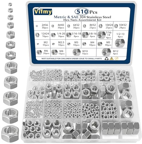 Kit assortimento dadi esagonali 2 in 1 SAE e metrici Vifmy (510 pezzi), 2#56 4#40 6#32 8#32 10#24 10#32 12#24 1/4-20 5/16-18 3/8-16 7/16-14 1/2-13 M2 M2.5 M3 M4 M5 M6 M8 M10 M12