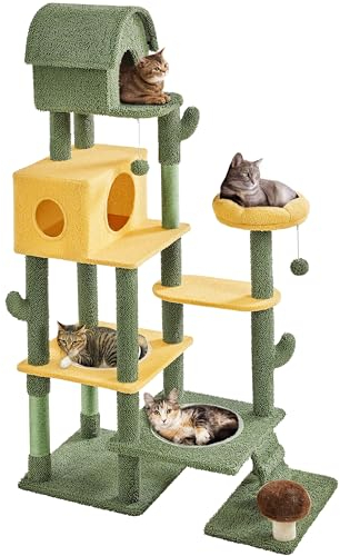 Yaheetech Kaktus Kratzbaum XXL deckenhoch, Oase-Thema Katzenbaum 104x48,5x174 cm, Stilvoller Kletterbaum für Mehreren Katzen, mit Katzenhäusern Raumkapseln Kratzstämmen, Grün-Gelb