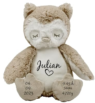 mamir home Eule Kuscheltier personalisiert mit Name + Geburtsdaten I 28cm Plüschtier I Baby Geschenk I Geschenkidee zur Geburt I Taufe, Geburtstag & Weihnachten (Eule-Name+Geburtsdaten)