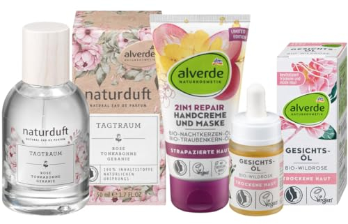 Alverde NATURKOSMETIK 3er-Set Hautpflege: Eau de Parfum TAGTRAUM Naturparfum (50 ml) + TRÄUM SCHÖN 2in1 HANDCREME (75 ml) + Gesichtsöl WILDROSE (15 ml), 140 ml