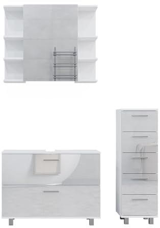 Vicco Badmöbel-Set Weiß Hochglanz Ilias, bestehend aus Bad Spiegelschrank, Waschbeckenunterschrank, Midischrank - mit Fächern für Flexible Aufbewahrung