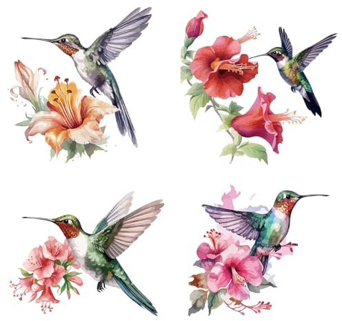 GORGECRAFT 4 Stile Kolibri-Fensteraufkleber 16x16cm Schiebetür-Glasaufkleber Frühlings-Fensteraufkleber Kreis Blumen Vögel Fensterschlagschutz Abnehmbar Für Treppenhaus Schlafzimmer Wohnzimmer