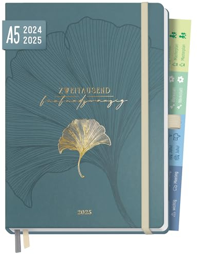 Häfft® Chäff-Timer Premium Kalender 2024/2025 A5 Blue Ginkgo Buchkalender, Terminplaner, Terminkalender, Wochenplaner, Wochenkalender 18 Monate: Juli 24 bis Dez 25 - nachhaltig & klimafreundlich