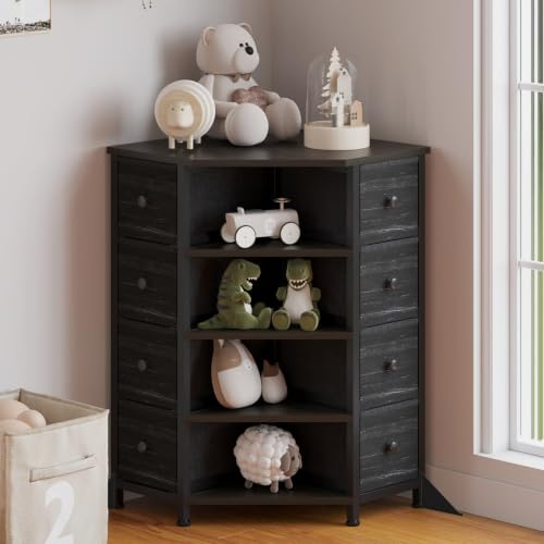 LUMTOK 8 Drawers Corner Dresser with Storage Fabric Drawers and Open Shelves for Small Space,Bedroom,Entryway,Living Room (Black Wood Veins)