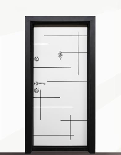 Porta Blindata Moderna Laminata per Ingresso 90x200 con Spioncino 2 Serrature Indipendenti Portone Bianco con Dettagli Neri PL55 (Interna sinistra)