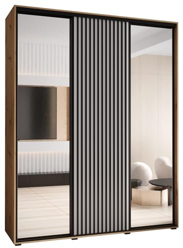 MEBLE KRYSPOL Lanko 2 Schrank mit DREI Schiebetüren mit Spiegel, Stange, Regalen - Moderner Aufbewahrungsschrank für Schlafzimmer, Wohnzimmer - 235,2x200x45 cm - Artisan Weiß Schwarz