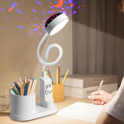 Vaileal Schreibtischlampe Kinder: LED Nachttischlampe mit Stifthalter und Projektion, Dimmbar Himmel Tischlampe Wiederaufladbare 360° Verstellbar Schwanenhals Leselicht (Weiß) [Energieklasse A]