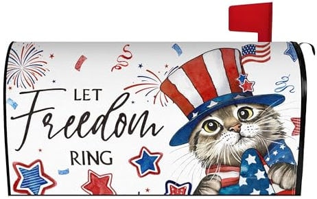 4th of July Cat Mailbox Cover 25.5x21 Inch, Independence Day Post Letter Box Covers, American Flag Patriotic Holiday Magnetic Waterproof Mail Wraps for Outdoor Yard Garden Oversized Mailbox Decor