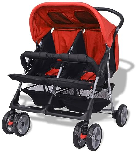Ailgely Zwillingskinderwagen Geschwisterwagen Klappbares Design, bis 30 kg (2X 15 kg) für Zwillinge und Brüder von 0 Monaten, Kinderwagen Baby Kinder Kinderbuggy Reisebuggy Stahl Rot und Schwarz
