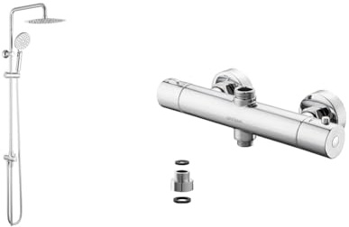 GRIFEMA COLUMNA-G7005, Sistema Doccia con Deviatore, Soffion, Flessibile Doccia & G17005 Berlin-Rubinetto Miscelatore Termostatico per Sistema-Colonna Doccia, Cromo, Argento [Exclusiva Amazon]