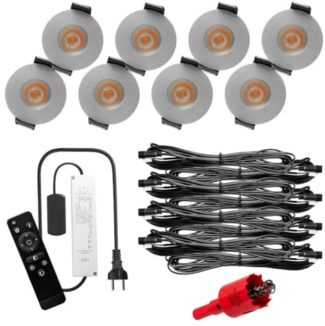 S-Polytec PREMIUM Mini LED- Einbauspots Warmweiss 3.000K, DIMMBAR, IP65, FUNK 3W Einbaustrahler Terrassenüberdachung, Bad, Sauna mit Fernbedienung (SILBER, 8x LED-SET)